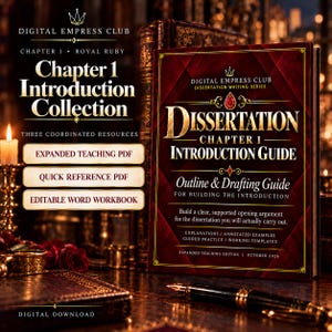 May include: A digital download set titled Digital Empress Club Chapter 1 Introduction Collection, featuring a red and gold book cover titled Dissertation Chapter 1 Introduction Guide, with three buttons for teaching, reference, and workbook files.