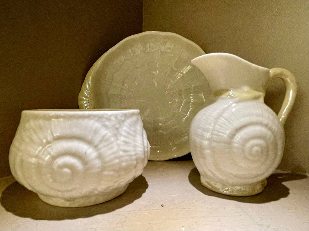 Vintage Belleek Fine Bone China Set of Shell Pitcher Sugar Etsy
