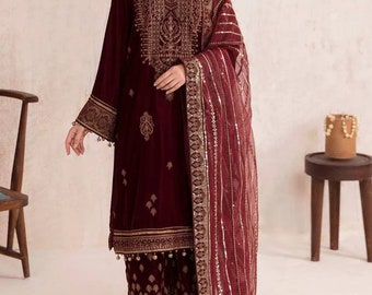 Embroidery Work Velvet Fabric Kurti Pant & Dupatta Set, Fully Stitched Salwar Kameez Dress, Gift For Her, Party Wear Ready Made Dresses