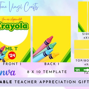 May include: Printable template for a teacher appreciation gift box. The design features a yellow background with a Crayola logo, crayons, and the text "You are Appreciated". The template includes instructions for cutting and assembling the box, with dimensions for the front, back, sides, and top/bottom.