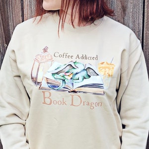 Coffee Addicted Book Dragon Crewneck Sweatshirt | Bookish Sweater for Fantasy Readers