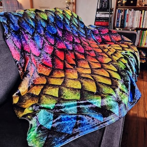 Cozy Rainbow Dragon Scale Reading Blanket with Crushed Velvet and White Sherpa Underside | Christmas Gift for Booktok Fantasy Readers