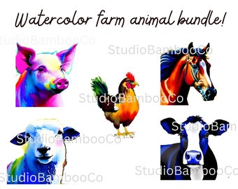 Watercolor Farm Animal Clipart Bundle - includes Chicken, Pig, Horse, Sheep, and Cattle - Instant Download, PNG