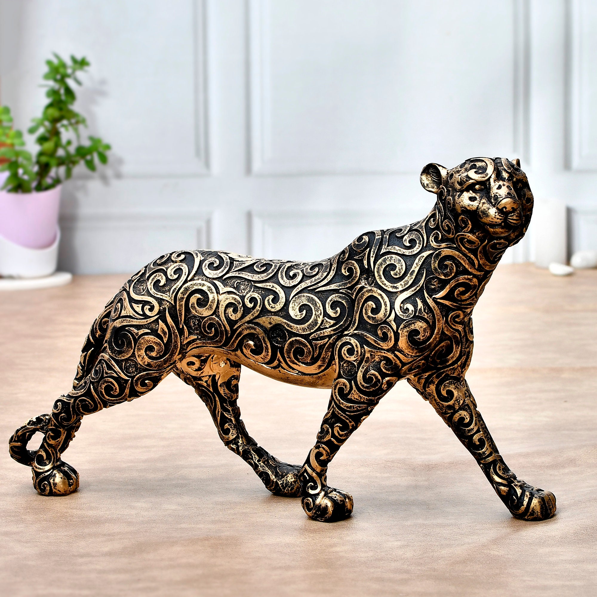 Black Leopard Statue Sitting on Table, Hand-painted Resin Leopard