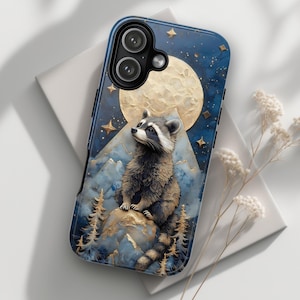 Raccoon Moon Phone Case, Night Forest iPhone & Samsung Cover, Celestial Nature Design