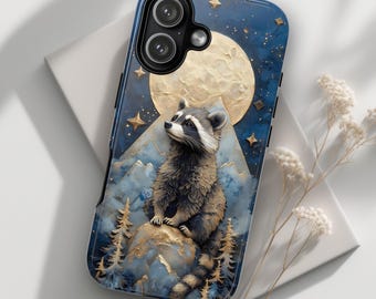 Raccoon Moon Phone Case, Night Forest iPhone & Samsung Cover, Celestial Nature Design