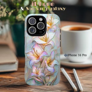 Elegant floral phone case with bright lily Stained Glass design, Nature Lover Gift, For iPhone, Samsung Galaxy, Google Pixel, gift for her