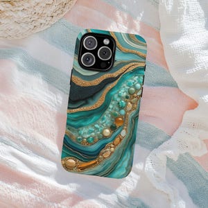 Teal Geode Phone Case – Agate Resin Art with Gold Veins