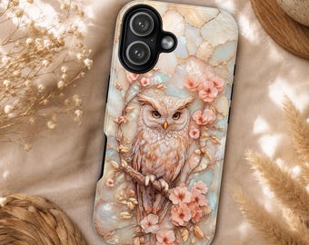Floral Owl iPhone Case, Elegant Marble Blossom Bird Cover