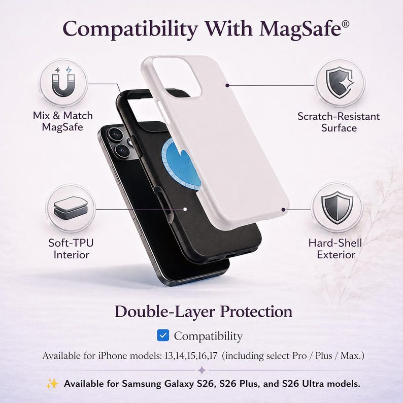 May include: A white and black phone case with MagSafe compatibility, featuring a hard-shell exterior and soft-TPU interior. Text includes Compatibility With MagSafe, Mix & Match MagSafe, Scratch-Resistant Surface, Soft-TPU Interior, Hard-Shell Exterior, Double-Layer Protection, Compatibility, and available iPhone and Samsung Galaxy models.