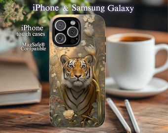 Majestic Tiger Floral Art Phone Case, Protective Cover