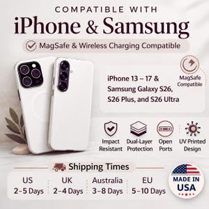 May include: Two white smartphone cases, one with a circular MagSafe ring, displayed with text stating compatibility with iPhone 13-17 and Samsung Galaxy S26 series. Features include impact resistance, dual-layer protection, open ports, and UV printing.