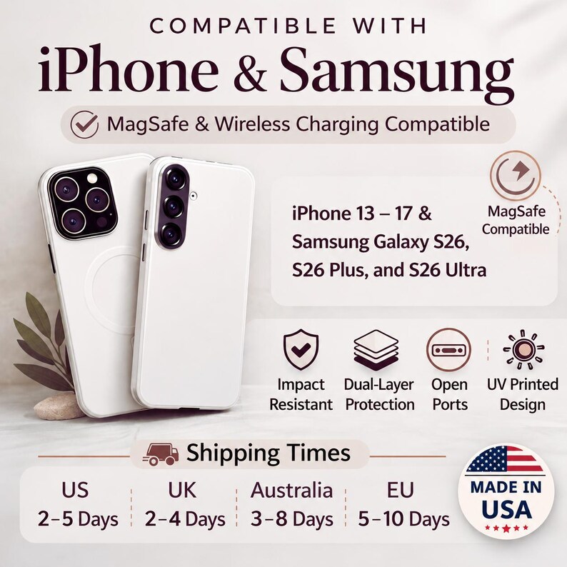 May include: Two white smartphone cases, one with a circular MagSafe ring, displayed with text stating compatibility with iPhone 13-17 and Samsung Galaxy S26 series. Features include impact resistance, dual-layer protection, open ports, and UV printing.