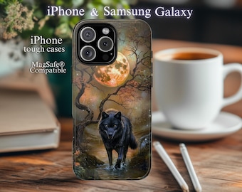 Black Wolf Moonlit Forest Phone Case, Protective Wildlife Art