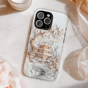 Japanese Temple Phone Case, Cherry Blossom Art, Minimalist Design