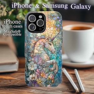 Fantasy Einhorn Handy Hülle, Glasmalerei Regenbogen Kunst mit Blumen, Handy Zubehör, Einzigartiges Geschenk, Magische Hülle für iPhone & Samsung