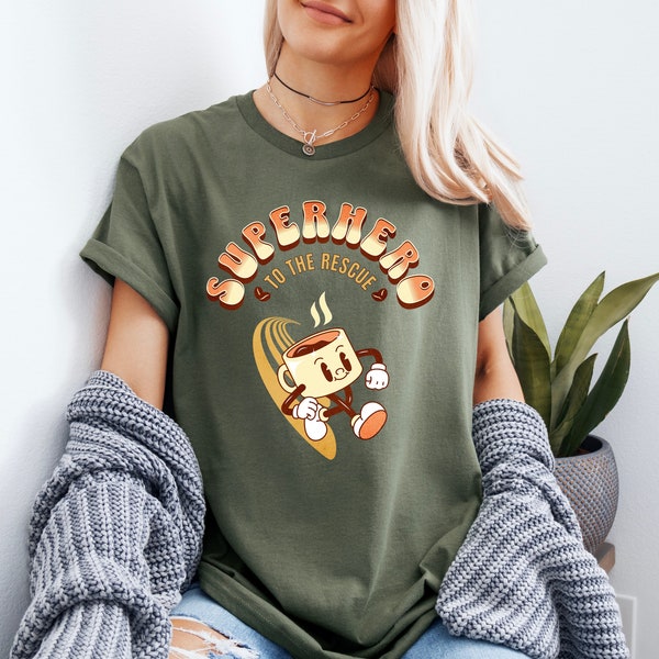 Coffee Lover t-shirt, Unisex fit , Superhero to the rescue t-shirt, Coffee Cup, Aesthetic Tee Shirt, Funny Retro Shirt