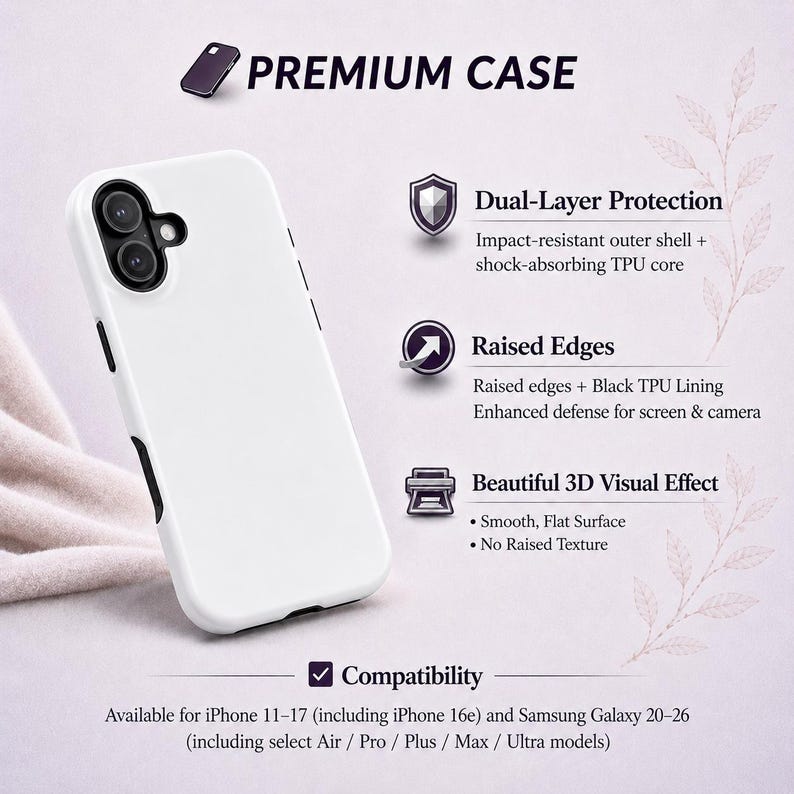 May include: A white smartphone case with a black inner lining and camera cutout. Text includes PREMIUM CASE, Dual-Layer Protection, Impact-resistant outer shell, shock-absorbing TPU core, Raised Edges, Black TPU Lining, Beautiful 3D Visual Effect, and Compatibility.