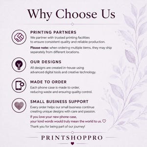 May include: An informational graphic titled Why Choose Us with a light purple leaf illustration on the right. It lists four sections: Printing Partners, Our Designs, Made to Order, and Small Business Support, ending with the text PRINTSHOPPRO.