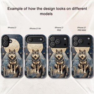 May include: Four phone cases labeled iPhone 17, iPhone 17 Air, iPhone 17 PRO, and iPhone 17 PRO MAX, each featuring a graphic of a wolf sitting on a rock before a large moon, mountains, and pine trees against a dark blue starry night sky.