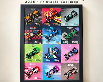 May include: A black framed display featuring a grid of twelve colorful Formula 1 race car graphics with driver names, numbers, and team logos. The text reads Mini Racer Display 2025 Printable Backdrop, PNG + PDF, Digital File, Frame and models not included.