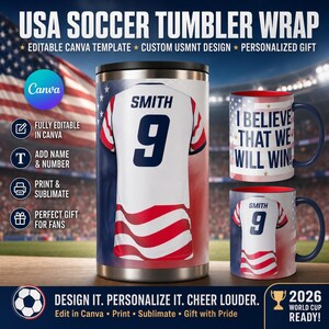 USA Soccer Tumbler Wrap Template, Customizable USMNT Jersey Design (Canva Template)