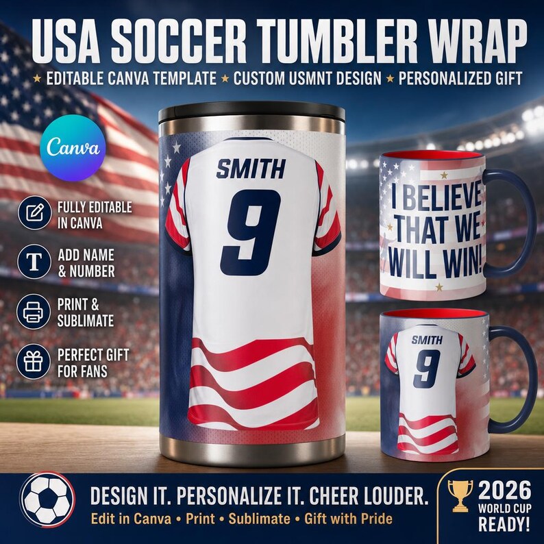 USA Soccer Tumbler Wrap Template, Customizable USMNT Jersey Design (Canva Template)