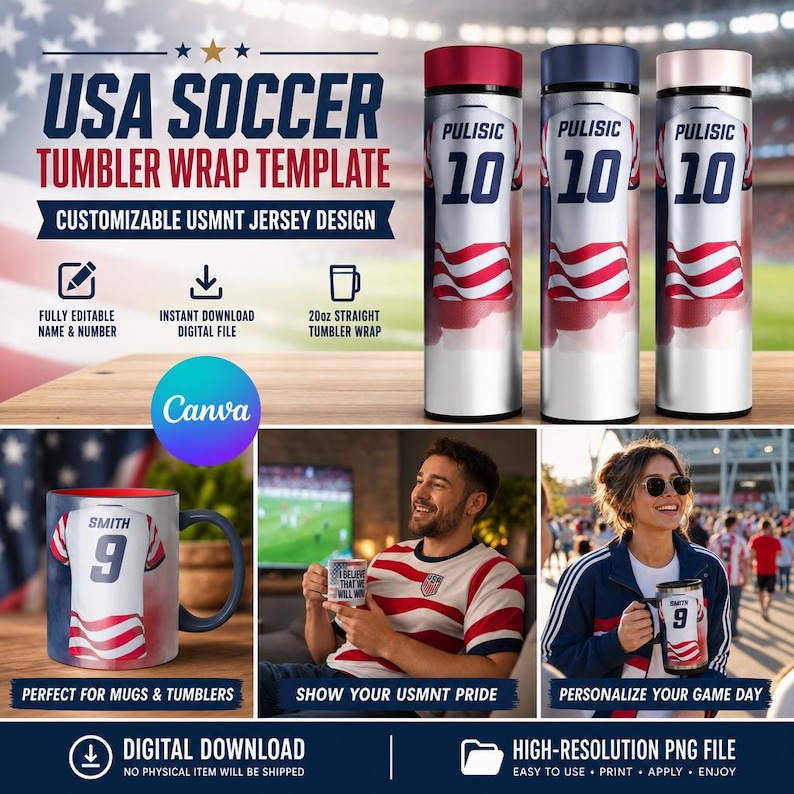 USA Soccer Tumbler Wrap Template, Customizable USMNT Jersey Design (Canva Template)