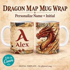 Könnte beinhalten: Zwei weiße Keramiktassen mit Drachenkarten-Design. Eine Tasse zeigt einen großen roten Buchstaben A und den Namen Alex. Die andere zeigt einen detaillierten roten Drachenkopf, der aus einer zerrissenen Karte hervorkommt. Text: DRAGON MAP MUG WRAP.