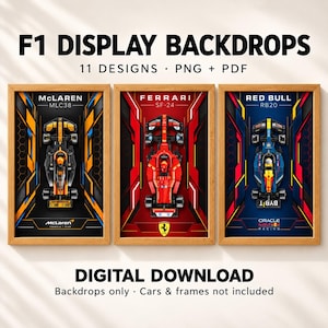 May include: Three framed digital display backdrops for F1 models, featuring McLaren MLC38, Ferrari SF-24, and Red Bull RB20 race cars. The posters include team branding, car model names, and geometric background patterns in black, red, and blue.