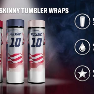 May include: Seamless skinny tumbler wraps with a patriotic design. The wraps feature the text "PULISIC 10" and a red, white, and blue American flag design. The tumblers are designed for 20oz blanks and have edge-to-edge color saturation.