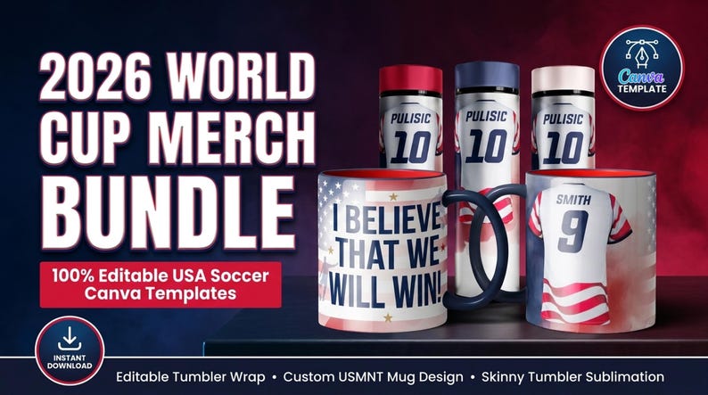 May include: A promotional image for 2026 World Cup merchandise. It features a bundle of customizable USA soccer-themed products, including mugs and tumblers. The mugs display patriotic designs and the text "I BELIEVE THAT WE WILL WIN!" and a jersey with the number 9.