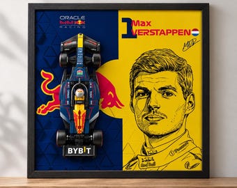 Peut inclure: Une affiche encadrée présentant une vue de dessus d'une voiture de Formule 1 bleue et jaune à gauche et un portrait illustré de Max Verstappen à droite. Le texte indique MAX VERSTAPPEN DISPLAY POSTER et DIGITAL DOWNLOAD.