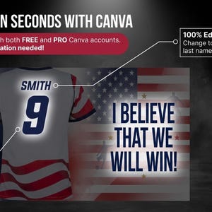 May include: A customizable sports jersey with the name "SMITH" and the number "9" on the back. The jersey design incorporates the American flag. Text reads "I BELIEVE THAT WE WILL WIN!" and "CUSTOMIZE IN SECONDS WITH CANVA".