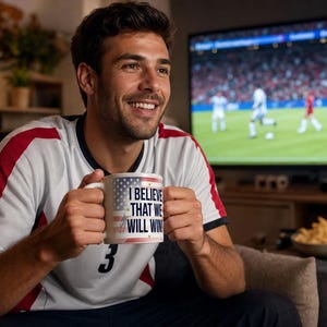 May include: A white coffee mug with the American flag design and the text "I BELIEVE THAT WE WILL WIN." The mug is held by a person wearing a white and red shirt, watching a soccer game on TV.
