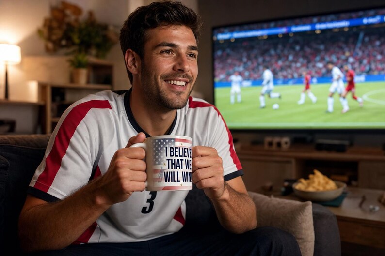 May include: A white coffee mug with the American flag design and the text "I BELIEVE THAT WE WILL WIN." The mug is held by a person wearing a white and red shirt, watching a soccer game on TV.