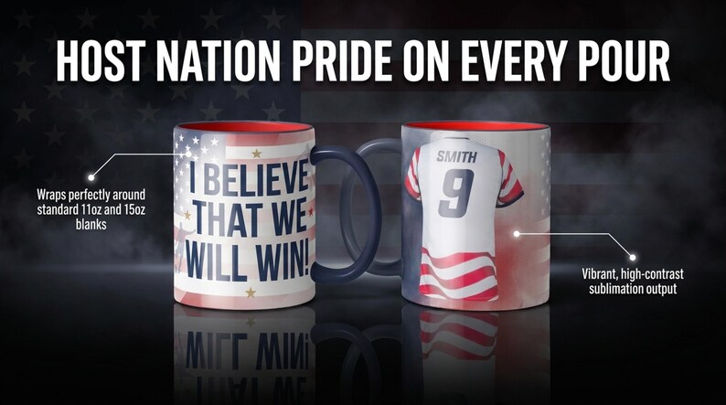 May include: Two ceramic mugs with patriotic designs. One mug features the text "I BELIEVE THAT WE WILL WIN!" over a flag design. The other mug displays a jersey with the name "SMITH" and the number "9". The mugs have a red interior and a dark blue handle.