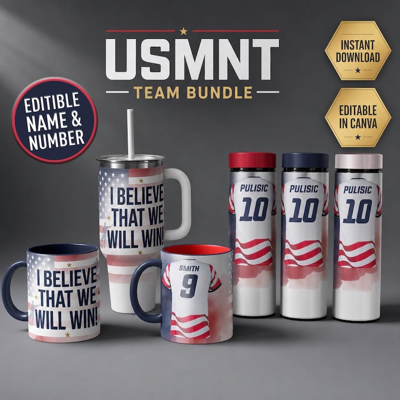 May include: A promotional image for 2026 World Cup merchandise. It features a bundle of customizable USA soccer-themed products, including mugs and tumblers. The mugs display patriotic designs and the text "I BELIEVE THAT WE WILL WIN!" and a jersey with the number 9.