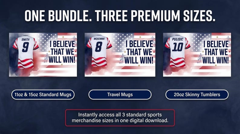 May include: Image promoting sports merchandise in three sizes: 11oz & 15oz standard mugs, travel mugs, and 20oz skinny tumblers. Each features a jersey with a player's name and number, and the text "I BELIEVE THAT WE WILL WIN!"