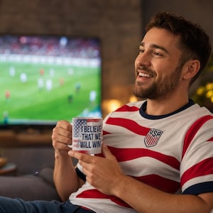 May include: A white coffee mug with the American flag design and the text "I BELIEVE THAT WE WILL WIN" is held by a person wearing a red and white striped shirt with a USA emblem. A television screen is visible in the background.