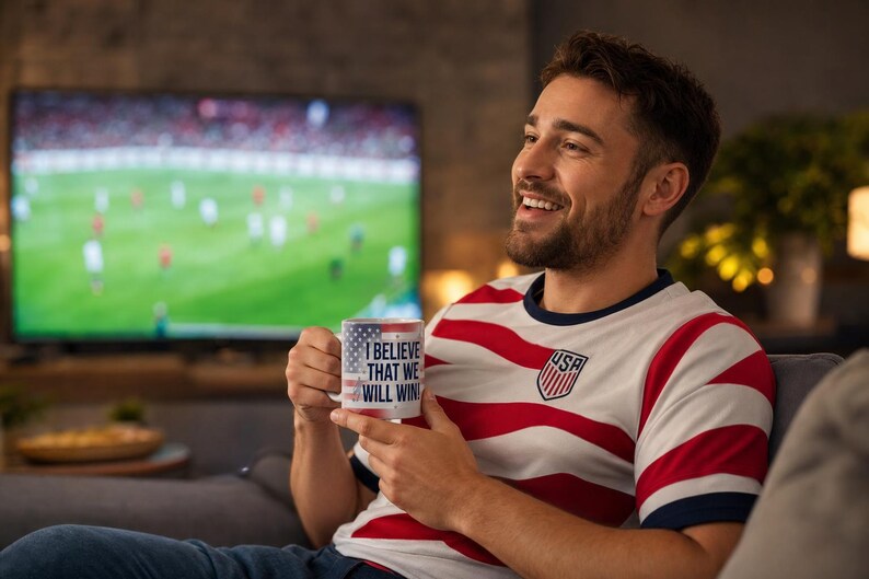 May include: A white coffee mug with the American flag design and the text "I BELIEVE THAT WE WILL WIN" is held by a person wearing a red and white striped shirt with a USA emblem. A television screen is visible in the background.
