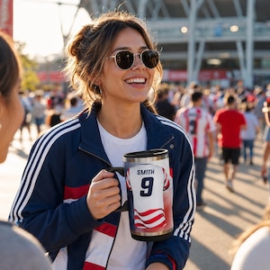May include: A stainless steel travel mug featuring a sports jersey design with the name "SMITH" and the number "9". The mug is held by a person wearing a navy blue jacket with white stripes and a white t-shirt.
