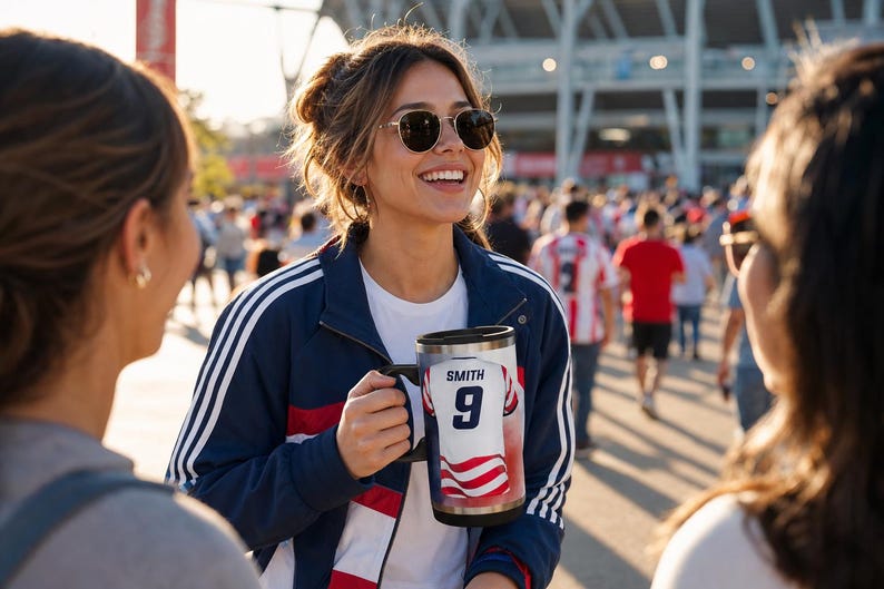 May include: A stainless steel travel mug featuring a sports jersey design with the name "SMITH" and the number "9". The mug is held by a person wearing a navy blue jacket with white stripes and a white t-shirt.