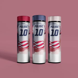 May include: Three cylindrical water bottles with red, blue, and pink lids. Each bottle has the name "PULISIC" above the number "10" in a blue font. A red and white striped design wraps around the lower half of each bottle.