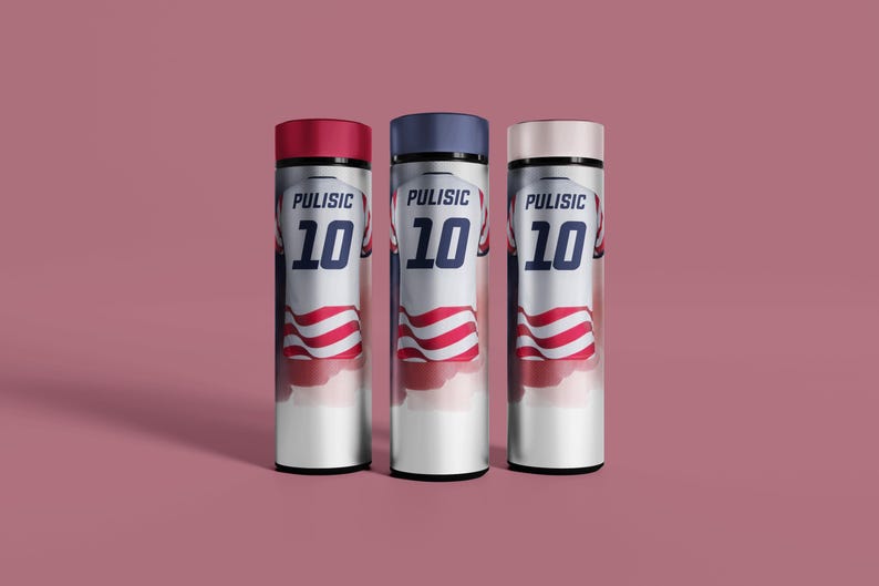 May include: Three cylindrical water bottles with red, blue, and pink lids. Each bottle has the name "PULISIC" above the number "10" in a blue font. A red and white striped design wraps around the lower half of each bottle.