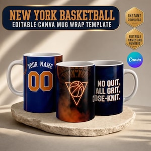May include: Three white ceramic mugs featuring New York basketball designs. One displays a blue jersey pattern with 'YOUR NAME' and '00', another shows a glowing basketball in a triangle, and the third features the text 'NO QUIT, ALL GRIT, CLOSE-KNIT.'
