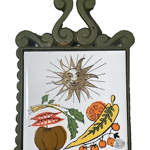Enesco Vintage Trivet Cast Iron and Ceramic Tile Wall Hanging Vegetables and Sun