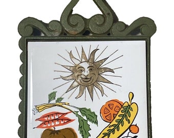 Enesco Vintage Trivet Cast Iron and Ceramic Tile Wall Hanging Vegetables and Sun