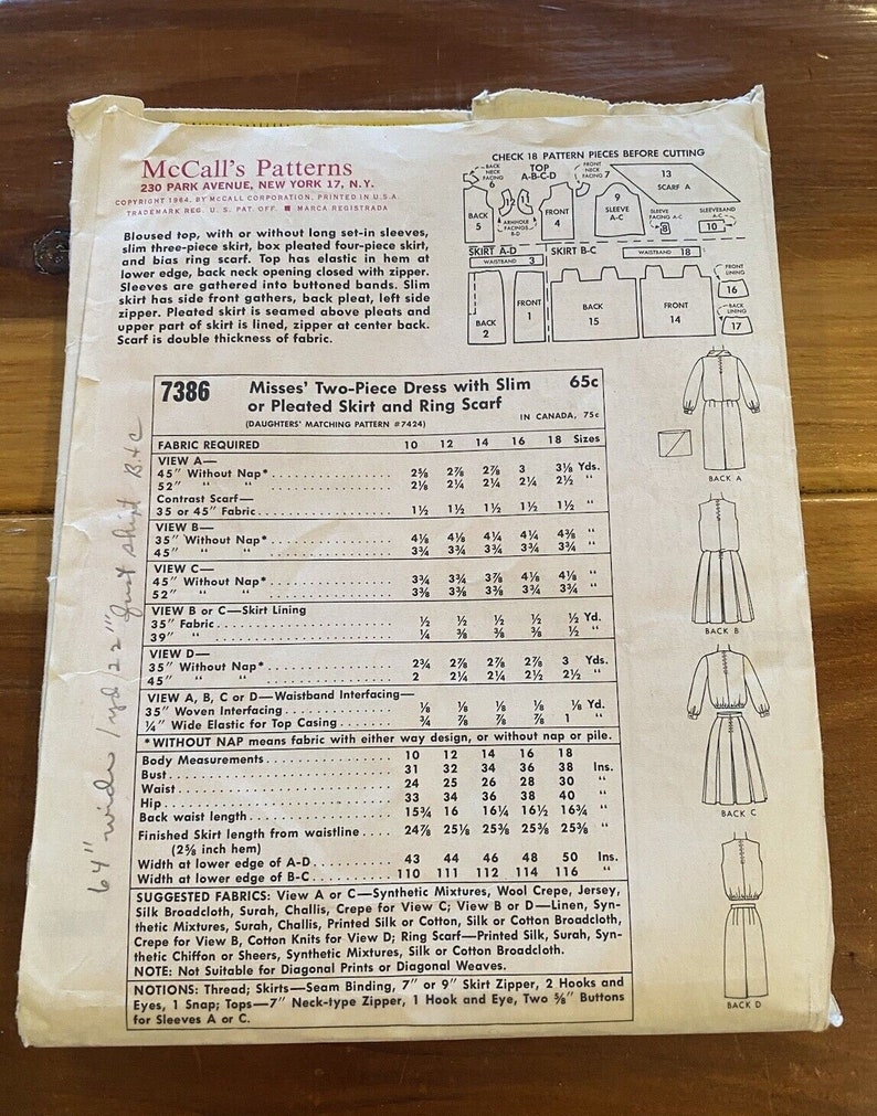 Vintage 1964 Mccall's 7386 Sewing Pattern Misses 2 Pc Dress, Skirt