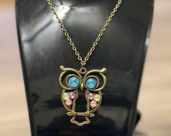 Vintage Necklace Owl Antique Gold Tone Colored Rhinestones 1970's